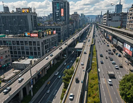 <lora:City_Worlds-1:1> realistic photo of citybkg, cyberpunk, day, sunny, clouds, detailed, street, traffic, futuristic, elevated highway, front aerial view, high buildings, low buildings, buildings under highway, billboard over building, billboard on building, tunnels, electric poles, vegetation, signs, shop under highway, street shop,