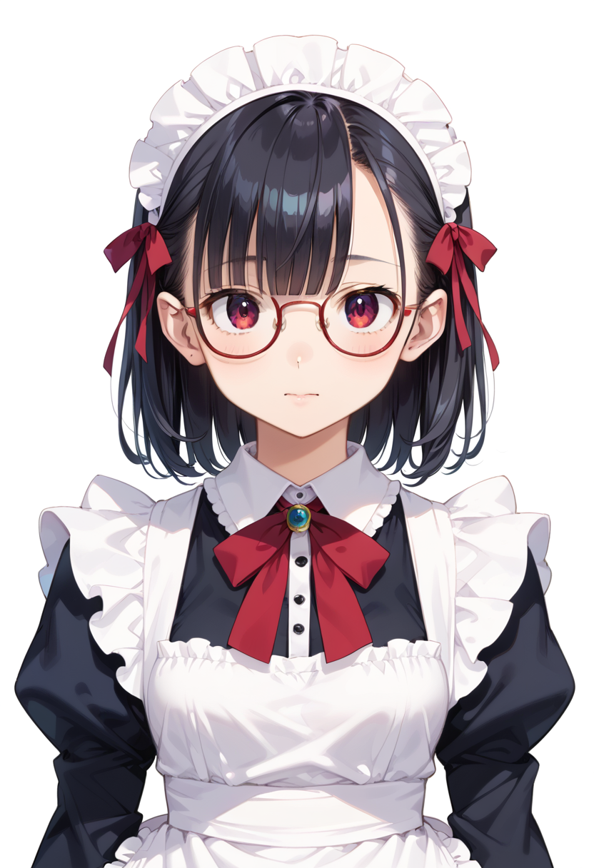 score_9, score_8_up, score_7_up, rating_safe, masterpiece, best quality, absurdres, unity 8k wallpaper, official art, official style, source_anime, uncensored, game cg, megami magazine,
1girl, solo, black hair, medium hair, upper body, covered eyes,maid, maid headdress, black dress, maid apron,
g-boston19A, glasses, simple background, white background, red-framed eyewear, upper body, face focus,
<lora:glasses_boston19A_PONY_V1:1>