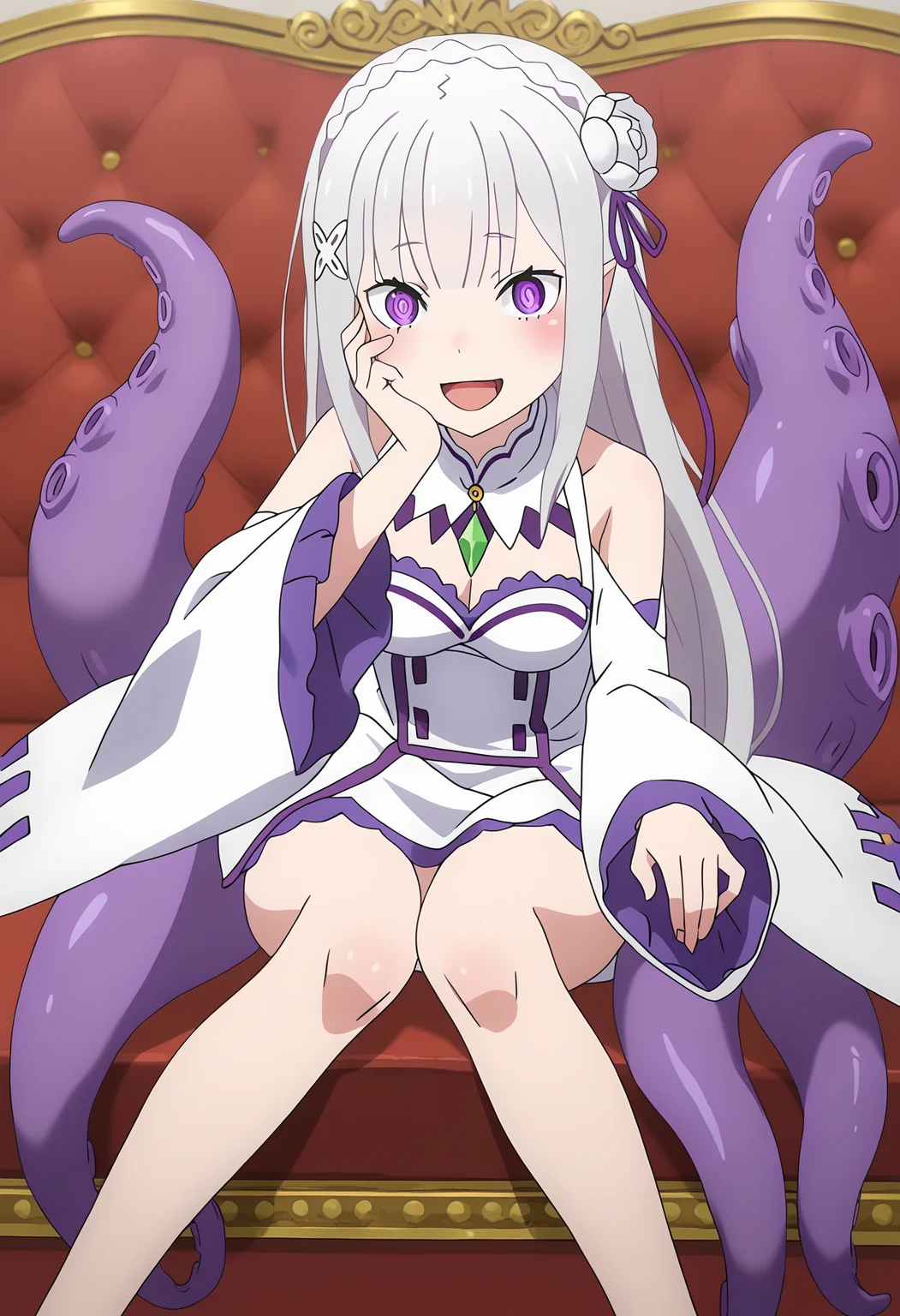 score_9, score_8_up, score_7_up, source_anime,
BREAK
<lora:shiTentV1:1>,
shihalfacle, scylla, monster girl, tentacles, suction cups, tentacle hair,
octopus,
full body,
1girl, solo, anime screencap, anime coloring,
<lora:shiEmiliaV2:0.9> shimilia, long hair, grey hair, purple eyes, pointy ears, crown braid, hair flower, hair ribbon, purple ribbon, x hair ornament, white dress, cleavage, bare shoulders, wide sleeves,
crazy eyes, crazy smile, looking at viewer, blush, hand on own face, tongue out, open mouth,