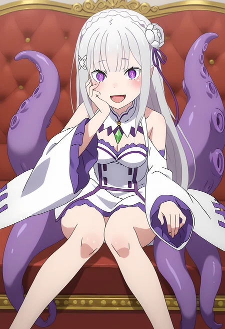 score_9, score_8_up, score_7_up, source_anime,
BREAK
<lora:shiTentV1:1>,
shihalfacle, scylla, monster girl, tentacles, suction cups, tentacle hair,
octopus,
full body,
1girl, solo, anime screencap, anime coloring,
<lora:shiEmiliaV2:0.9> shimilia, long hair, grey hair, purple eyes, pointy ears, crown braid, hair flower, hair ribbon, purple ribbon, x hair ornament, white dress, cleavage, bare shoulders, wide sleeves,
crazy eyes, crazy smile, looking at viewer, blush, hand on own face, tongue out, open mouth,