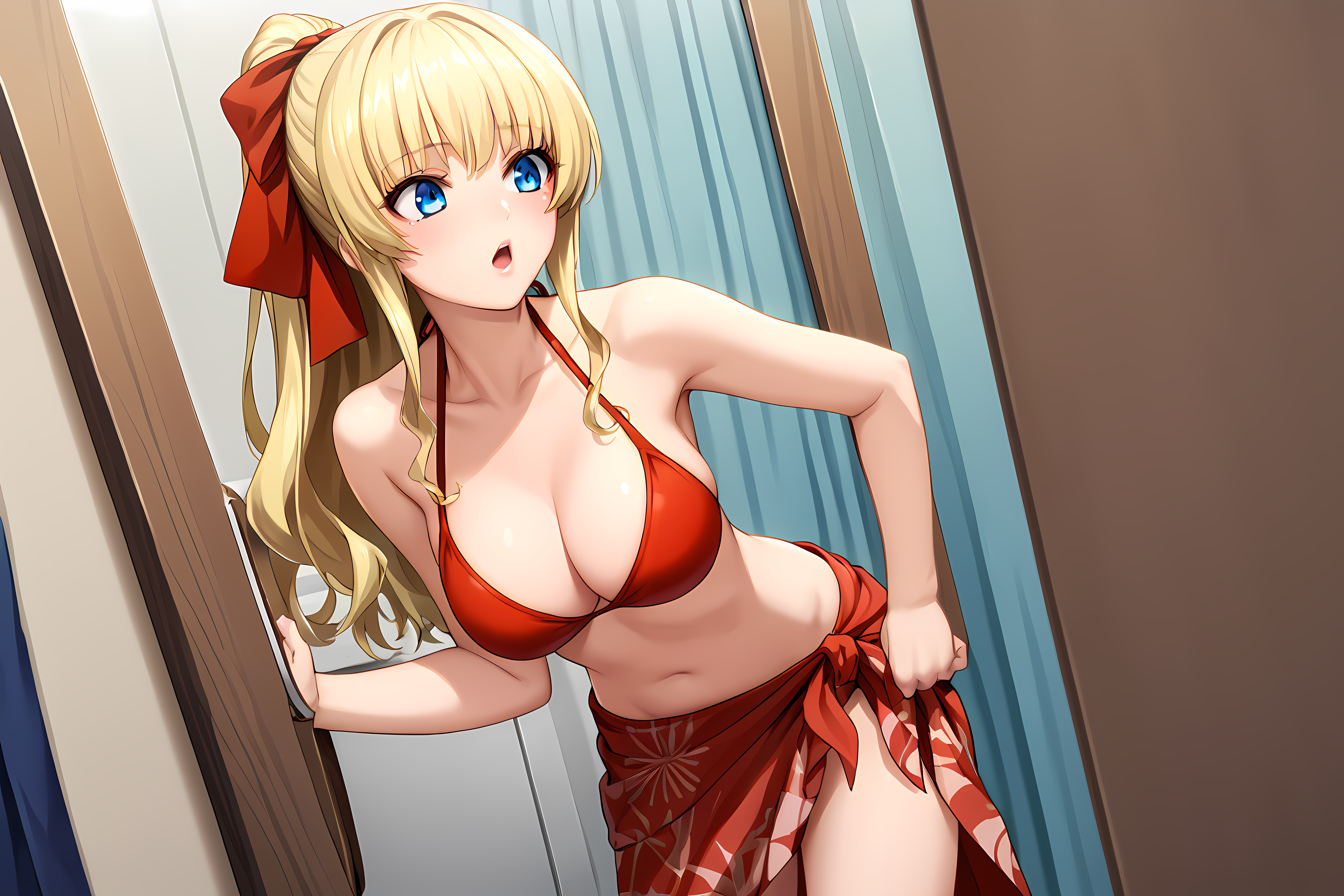 ries,red bikini,sarong,halterneck,swimsuit,1girl,solo,blonde hair,long hair,blue eyes,large breasts,ponytail,hair ribbon,red ribbon,open mouth,standing,cowboy shot,<lora:EXSTIA-Chevalier-000006:1>,mouth focus,lips,makeup,blush,looking_at_mirror,mirror,dressing room, closet,, score_9, score_8_up, score_7_up,source_anime,(masterpiece),(best quality),(ultra-detailed),(best illustration),(best shadow),(absurdres),(detailed background),(very aesthetic),
