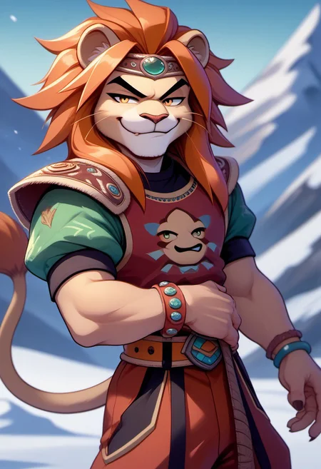 score_9, score_8_up, score_7_up, source_furry, 1boy, anthro, lion, lion ears, lion tail, terranigmark, spiky orange hair, pauldrons with faces, jeweled headband, print shirt, green sleeves, bracelets, belt with dangling straps, red baggy pants, snowy mountain, (smug:2)