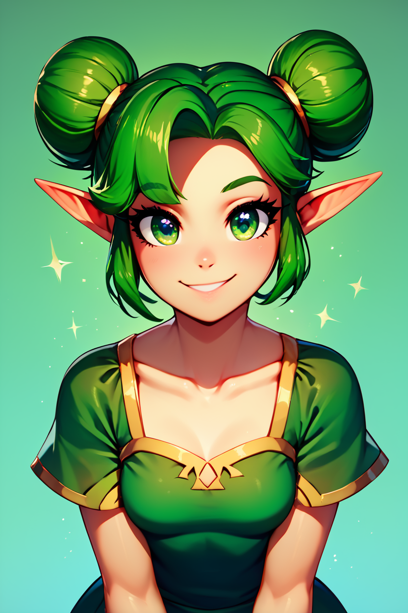 score_9, score_8_up, score_8, medium breasts, (curvy), cute, eyelashes,       BREAK, , zzFarore, green eyes, green hair, double bun, pointy ears,  bangs, green dress, collarbone, short sleeves  <lora:Farore_Zelda_PDXL:0.6>, , BREAK, looking at viewer,  smile, upper body, leaning forward, head tilt,  embedding:zPDXL, Expressiveh, <lora:theButcherXPDXL:1.0>, <lora:CatalystStylePDXL:0.6>,  <lora:SDXLFaeTastic2400:0.5>,  <lora:Expressive_H-000001:0.4>,