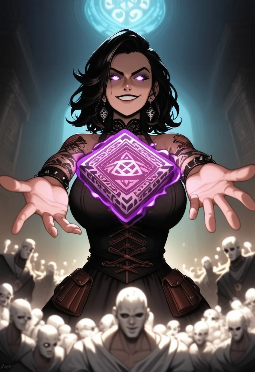 mysterious female gambler, punk mystic vibe, glowing eyes, smirking confidently, throwing glowing dice toward the viewer, enchanted playing cards, extreme foreshortening, dynamic action pose, angle from below, worm's-eye view, cinematic fantasy scene, dice in foreground appearing massive, sleek dark clothing with arcane glowing patterns, waist-up view, hand reaching toward the camera, glowing tattoos, energetic motion, dark magical saloon or ancient temple setting, mystical lighting, high detail, dramatic depth of field, visual intensity, bold composition, dark fantasy style, ultra sharp focus on eyes and dice,