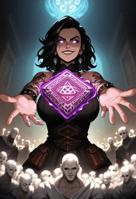 mysterious female gambler, punk mystic vibe, glowing eyes, smirking confidently, throwing glowing dice toward the viewer, enchanted playing cards, extreme foreshortening, dynamic action pose, angle from below, worm's-eye view, cinematic fantasy scene, dice in foreground appearing massive, sleek dark clothing with arcane glowing patterns, waist-up view, hand reaching toward the camera, glowing tattoos, energetic motion, dark magical saloon or ancient temple setting, mystical lighting, high detail, dramatic depth of field, visual intensity, bold composition, dark fantasy style, ultra sharp focus on eyes and dice,