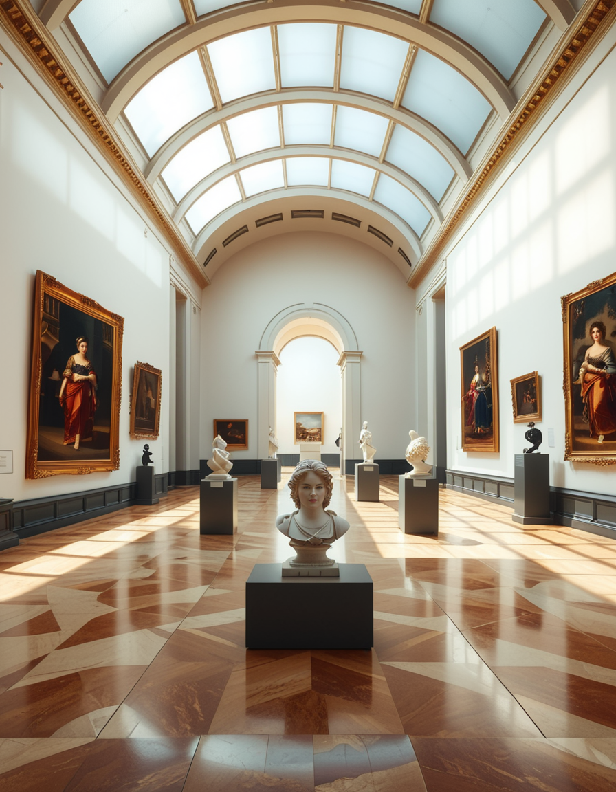A high-resolution photograph of the interior of a grand art museum, featuring vast halls with high ceilings, intricate architectural details, and polished marble floors. The museum is illuminated by soft, natural light filtering through large arched windows, casting gentle shadows on the walls adorned with classical and modern paintings in ornate golden frames. In the center, a marble sculpture stands on a pedestal, surrounded by velvet ropes. Visitors walk around, some admiring the artwork, others engaged in quiet discussions. The atmosphere is serene and intellectual, with a warm color palette of beige, gold, and deep reds enhancing the elegance of the scene. The perspective is wide-angle, capturing the depth and scale of the museum, evoking a sense of awe and admiration.
<lora:SDXLFaeTastic2400:0.4> <lora:extremely_detailed:0.4> extremely detailed, <lora:art_mus3um:1>,art mus3um, Masterpiece,best quality,hi res,8k,hi res,8k,award winning,(sharp focus, intricate, highly detailed),