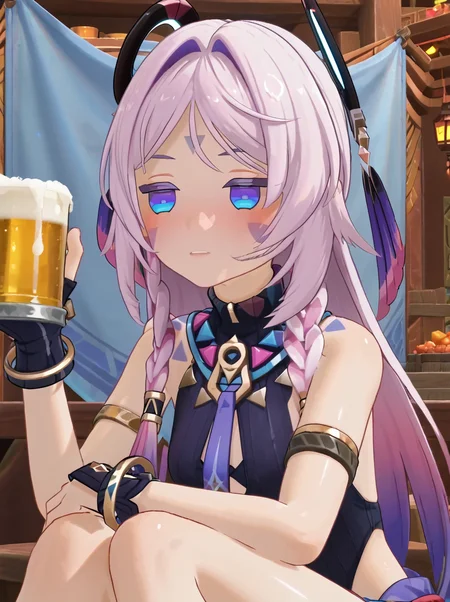 detailed background, shiny skin, posing, rating safe,
<lora:citlali.pony:1>,
citlali, drunk,
sit, beer bucket,