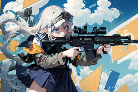 masterpiece,best quality, lens flare, depth of field, (close-up:1.3), (wide shot, fisheye:0.85), facefocus,
1girl ,standing, blue long hair, school uniform,pleated skirt, (holding weapon, holding rifle,aiming,aim:1.2),
gun, h&k hk416, carbine, open fire, firing,
sunny,blue sky,cloudy sky,city,street,road sign, skyscraper,
<lora:HK416-v2-000014:0.7>