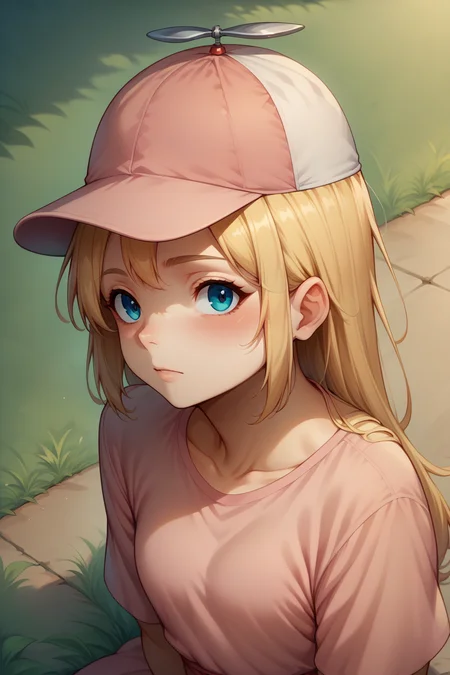 score_9, score_8_up, <lora:NSHappyCap:1> NSHappyCap, wearing NSHappyCap, cap, no humans, from above, 1girl, blonde hair, pink dress, outdoors, close-up