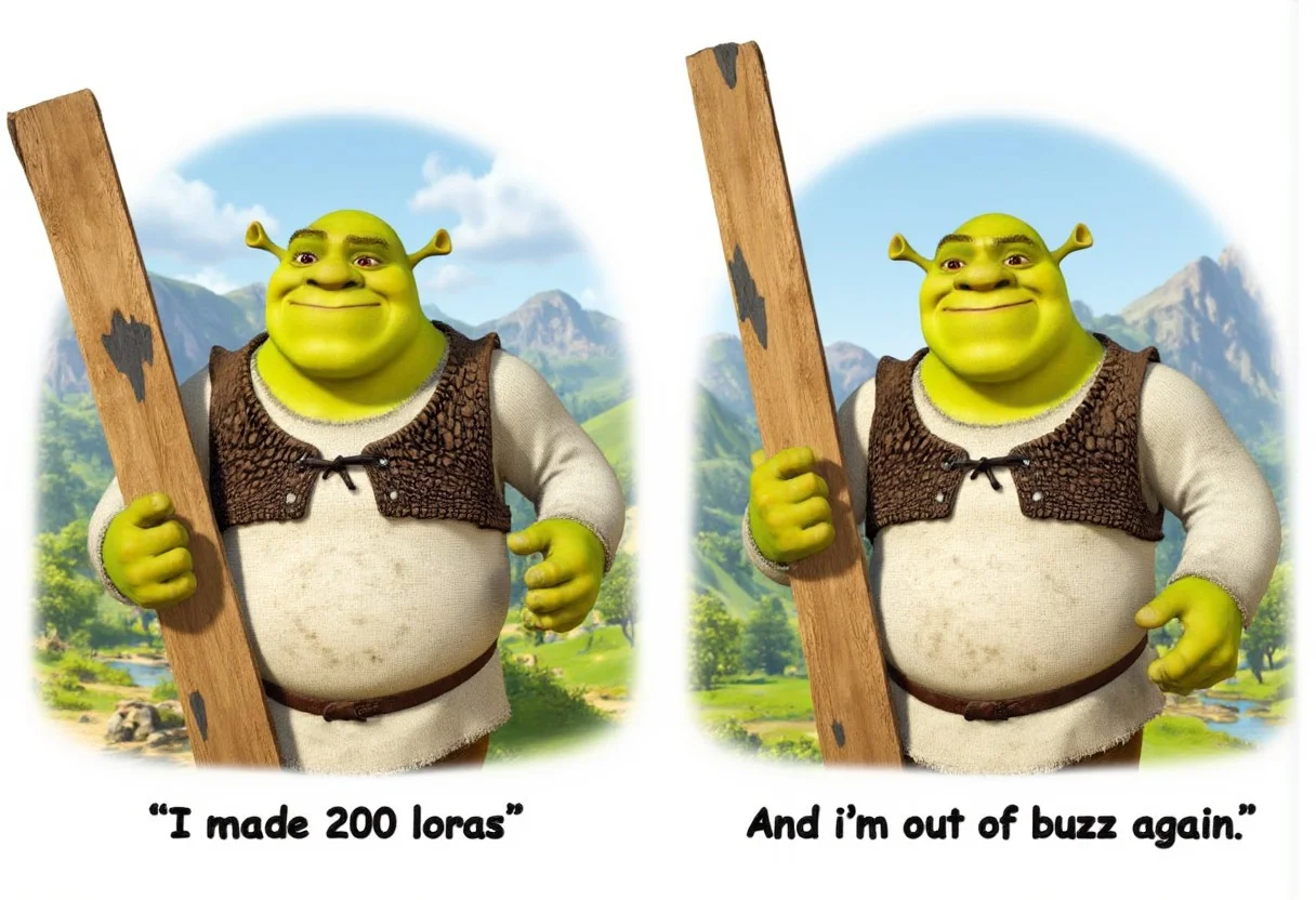 2 panels comic illustraion featuring Shrek
On the first panel the Shrek holds the plank with text "I made 200 loras"
On the second panel Shrek holds the plank with text "And i'm out of buzz again"
aidmatextimprover