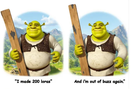 2 panels comic illustraion featuring Shrek
On the first panel the Shrek holds the plank with text "I made 200 loras"
On the second panel Shrek holds the plank with text "And i'm out of buzz again"
aidmatextimprover