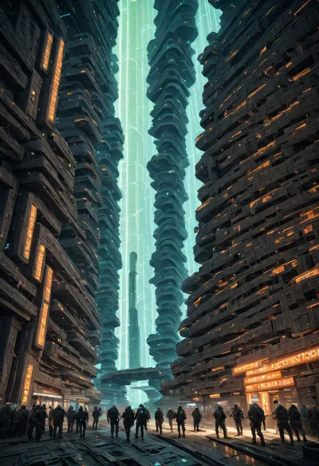 (Screen print:1.3) cinematic aerial view of a sprawling metro-plex city. focused on busy canal leading to the shattered stone circle in the middle of the city. dynamic camera, dark scifi, ((masterpiece,best quality)),  ((electricity)), green glow, amber theme:1.3 <lora:Shadowrun:0.70> cyberpunk,  neo-aztec <lora:great_lighting:4> great lighting, hard shadows <lora:add-detail-xl:0.40>,OverallDetail, futureurban, vertical, Stacked, great lighting, shadowrun_character, shadowrun_dungeon, shadowrun_surface, shadowrun_dungeon_party, shadowrun_party, cyberpunk, netrunner, enforcer, shaman, oni, courier, neo-aztec, high-tech lowlife, masculine, feminine
