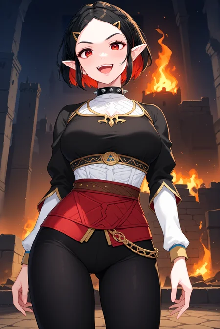 score_9, score_8_up, score_7_up, score_6_up, anime source, anime style, solo, 1girl,
<lora:P-Zelda:1>, z3ld4, black hair, two tones hair, pointy ears, hair ornament, golden hairclip, short hair, crown braid, red eyes, parted bangs,
black shirt, red skirt, red sleeves, leather belt, spiked choker, bare belly, black pants, tight pants, black clothes, black sleeves,
large breasts, cleavage, standing, evil smile, crazy laugh, open mouth, v shaped eyebrows, lips, eyelashes, mascara, glowing eyes,
castle background, medieval castle, burning, fire, flames, ruined castle,