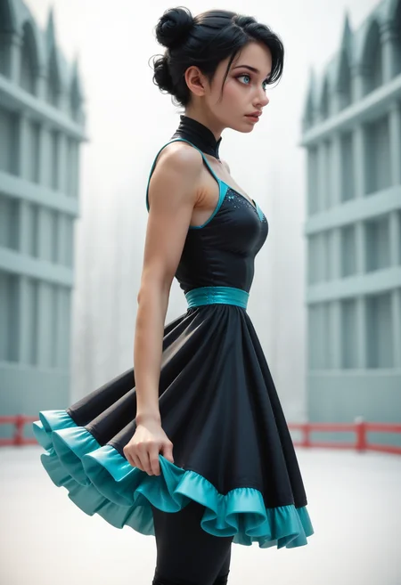score_9, score_8_up, score_7_up,
1girl, solo, cowboy shot, figure skating dress, black dress, aqua accents, ice skating, from side,
<lora:Dark_Svetlana_Pony_v0.1:0.5> d4rksv3tl4n4, aqua eyes, black hair, single bun hair,