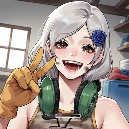 score_9_up, score_8_up, score_7_up, indoors, garage, mechanic, source_anime, BREAK
sunnyMGR, silver hair, brown eyes, solo, hair flower, headphones around neck, dirty, big smile, open mouth, happy, one hand v sign, peace sign, close up, portrait, dutch angle, gloves