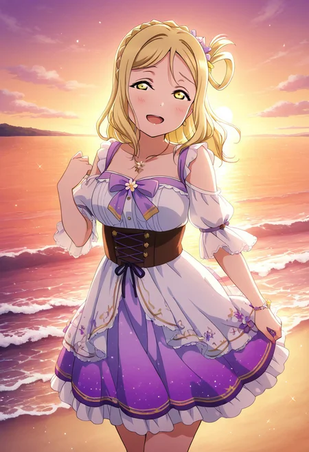 masterpiece, best quality, solo, 1girl, aged up, happy,
mari_ohara, ohara_mari, long hair, medium hair, bangs, blonde hair, braid, hair rings, yellow eyes, crown braid, sunset-themed idol costume, orange-to-purple ombré dress, sheer sleeves, sun motif accessories, seaside cliff stage during golden hour, waves below, warm glow on her face, singing into the horizon, wistful and shining expression