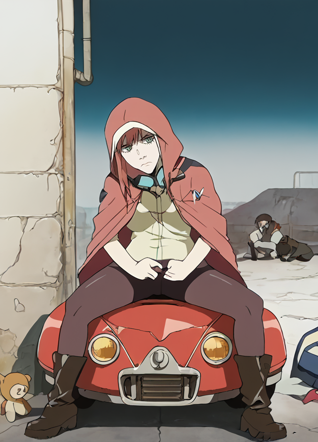 score_9, score_8_up, score_7_up, score_6_up, flcl, flcl_style,  zero_two_\(darling_in_the_franxx\), Post-apocalyptic, shabby Scout Gear: Binoculars, hooded cloak, lightweight boots, leggings, utility belt., Wearing a Radio Headset, propped up on one hand (sitting or standing) , inside a post-apocalyptic nursery, broken crib, strewn dust-covered stuffed animals, peeling wallpaper.  <lora:FLCL_Pony:1> <lora:Haruko Haruhara Pony XL:1>