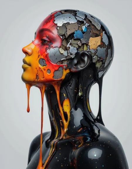 Delirium style. This is a digital artwork in a highly stylized, hyper-realistic CGI (computer-generated imagery) style. The subject is a humanoid figure with a sleek, shiny, black, and dark grey skin that appears to be a mixture of smooth, almost metallic textures and glossy, reflective surfaces. The figure's head and neck are adorned with a vibrant, fluid material that seems to be a liquid, possibly paint or a synthetic substance. This fluid is a striking combination of bright red, orange, and yellow hues, flowing dramatically down the face and neck, creating a dynamic, almost surreal effect. <lora:Bonafida.Studio:1>