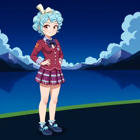 detailed background, outdoors, <lora:EUF-Dreamer_style:1> euf-dreamer style, Cozy Glow, full body, human, 'no tail', 1girl, solo, female child, Crystal prep skirt uniform,