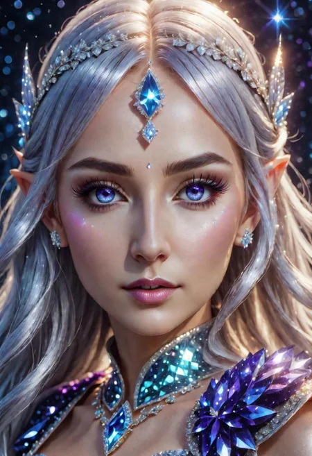 portrait of an epoch elf,  wearing a ((fairy dress, crystalline dress)), she has long glittery silver hair, perfect elven face, symmetrical eyes, fine details best quality, hyperdetailed face, photorealistic, highest quality, best shadow, highly detailed. photography, professional, 4k, 8k HD, professional, purple colors, blue light, blue atmosphere