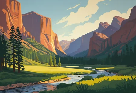 Silkscreen, ((WPA style)), (national parks style), vivid natural colors, limited color palette, painting,