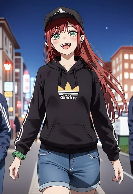score_9, score_8_up, score_7_up, perfect eyes, partially illuminated, animification, animestyle, Anime_source, (4k), depth of field, (Masterpiece), extremely detailed, tall, long legs, medium breast, bokeh, high resolution, sharp detail, dark red hairs, redhair, dark red hair, <lora:Sono Bisque Doll wa Koi wo Suru - Marin Kitagawa Updated:0.7>, 1girl, fangs, green eyes, hair ornament, hair scrunchie, light blush, long hair, open mouth, smiling, pointy ears, scrunchie, happy, good hands, jeans shorts, leggings, opened black hoodie, baseball hat, top, every day clothing, Adidas Adilette sandals, beautiful feet, perfect feet, perfect toes, beautiful toes, night city background, ((masterpiece)), dynamic pose, (standing), night city, Tokyo city night, city night, BREAK, cowboy shot, dutch angle, looking at viewer, full body, feet,
<lora:add-detail-xl:-1><lora:minami-nanami-s1-ponyxl-lora-nochekaiser:0.8>