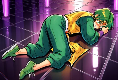 masterpiece, best quality, amazing quality, very aesthetic, absurdres, newest, borgiffl3, 1boy, male focus, green hair, circlet, green eyes, green robes, long yellow tabard, green shoes, purple wristbands, white belt, metallic floor, groveling, tears, crying