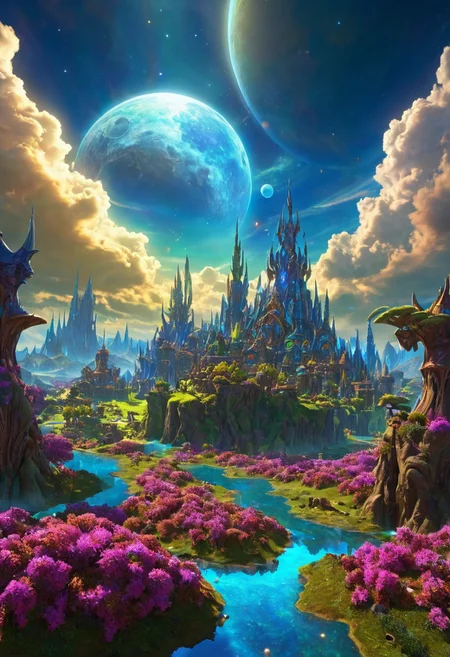 (masterpiece:1.5), unreal 8k wallpaper, unity 8k wallpaper, score 9, score 8 up, score 7 up, masterpiece_portrait, extreme quality, reflection, surface reflection, dynamic lighting, Cinematic style, cinematic quality, ((no humans, no people)), photorealistic, realistic, a spectrum of iridescent colors, precise, fractal design, flowing curves, precision, colorful, fractal geometry, harmonic interference, digital illustration, photo manipulation, altered realities, fantastical scenes, digital artistry, striking visuals, sharp focus, detailed background, light reflection, mythic, fantasy, A huge open valley in Warcraft, in the center of the valley is (massive Warcraft City), the (massive Warcraft City) has been here for a very long time, strange alien foliage has started to grow over it, when this (massive Warcraft City) was built no one knows it has long been forgotten, beautiful blue skies majestic clouds, strange alien trees dot the landscape, in the sky you can see a massive moons is all inspiring and a little frightening, the valley is also covered in beautiful multicolored flowers and multicolored trees, no life can be seen anywhere, 3D, metallic reflection, massive Warcraft City, the vast World of Warcraft,