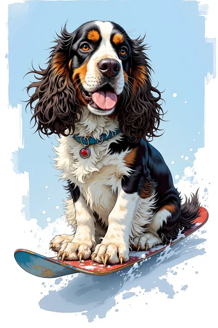 tri colored american cocker spaniel snowboarding  Portrait by Dorota Pietrowiak  High-contrast illustration