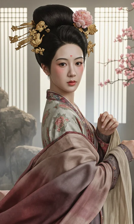 Top Atmosphere Photography Works, extremely realistic, Art by Zhang Jing,
In springtime Chang'an of the Tang Dynasty, a gracefully young (noblewoman/LYZ, Princess, arrogant expression) wears a high-waisted ruqun ensemble: an upper jacket of twill damask with floral medallions, layered over gradient skirts, draped with a sheer silk shawl. Her hair is arranged in a high chignon adorned with step-shake hairpins and kingfisher feathers. She holding a hand warmer. her crescent-shaped eyes sparkle while natural blush graces her cheeks. The background shows hazy Taihu scholar's rocks, with soft light filtering through begonia-shaped lattice windows. Rendered in meticulous court painting style blending Dunhuang mural color palette, with exquisite details reminiscent of Zhou Fang's "Court Ladies Adorning Their Hair with Flowers" from the Tang Dynasty.
light from one side, dark shadow,
(photorealistic:1.5), (Extremely realistic, masterpiece, top quality, official art, best quality, beautiful and aesthetic:1.2), 4k, 8k, very rich details, 24bit colors, vivid colors, cinematic color grading, landscape,