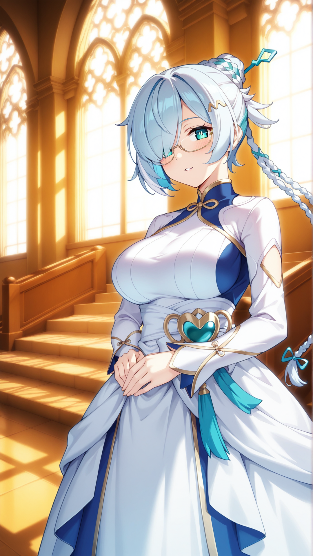 source_anime, general, best quality, masterpiece, 1girl,  <lora:Faymena_ill:1> faymena,blue hair, white hair, green eyes, blue eyes,braid, long hair, large breasts, bangs,hair over one eye, glasses, wedding dress,chapel,