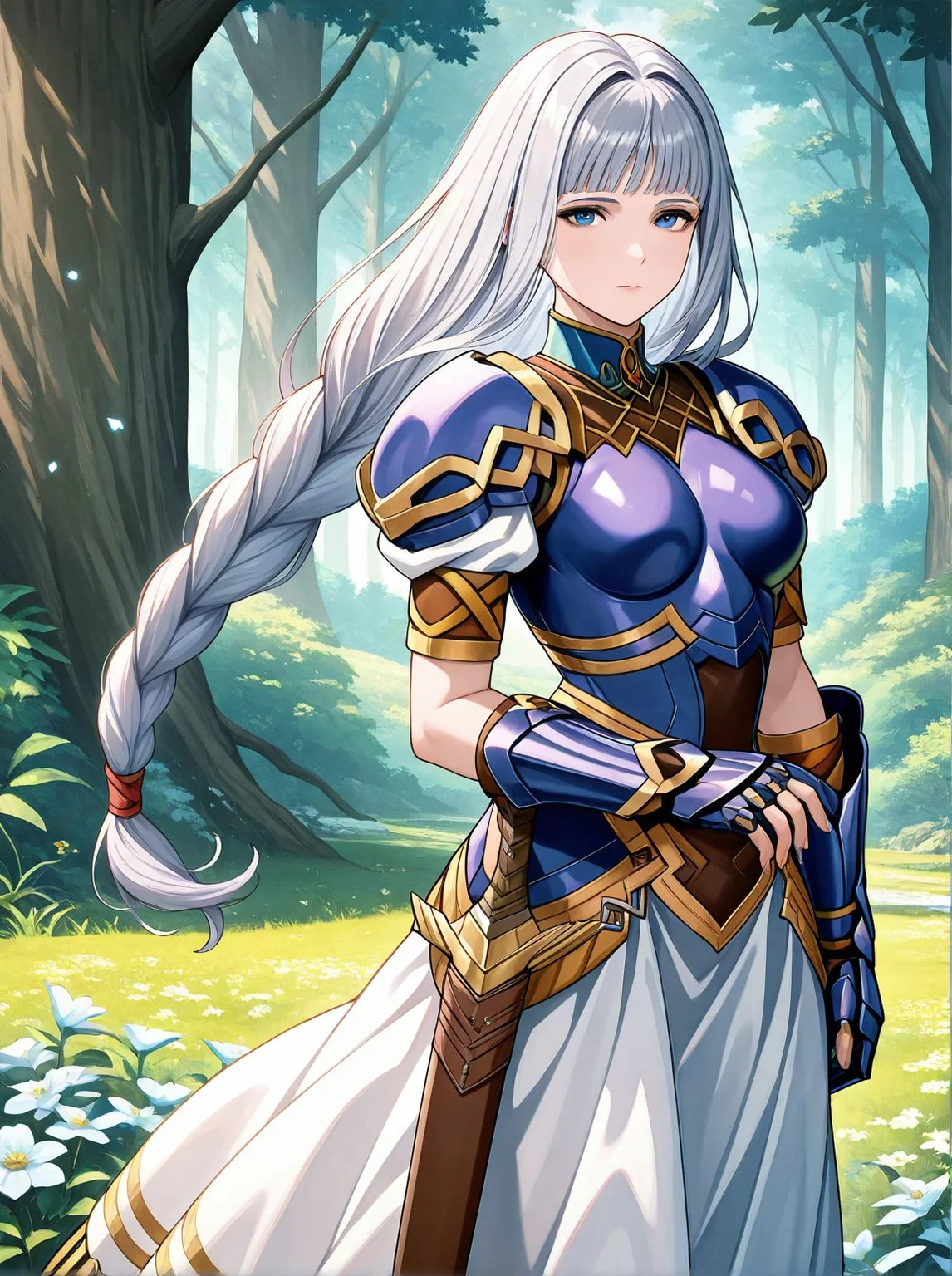 masterpiece,best quality,amazing quality,very aesthetic,absurdres,newest, huge filesize,
<lora:spo_sdxl_10ep_4k-data_lora_webui:0.5>,
<lora:add-detail-xl:1>
official art, valkyrie profile \(series\),
<lora:Valkyrie_ProfileV1_r1:0.9>Valkyrie ProfileV1, 1girl, braid, weapon, long hair, sword, armor, armored dress, blue eyes, sheath, flower, valkyrie, single braid, sheathed, nature, gauntlets, floating hair, blue armor, V_Lenneth ,bangs,