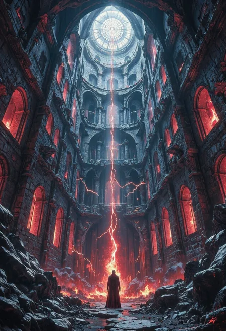 Sword and sorcery picture of an infinite abyss with arcs of crimson lightning sparking between gothic windows along its dark walls. An ancient evil awaiting at the end. The light setting is pronounced by an eerie tension; vivid hues, creative, adventurous, masterpiece, best quality <lora:flux_MJ6.1_Flux-PRO>