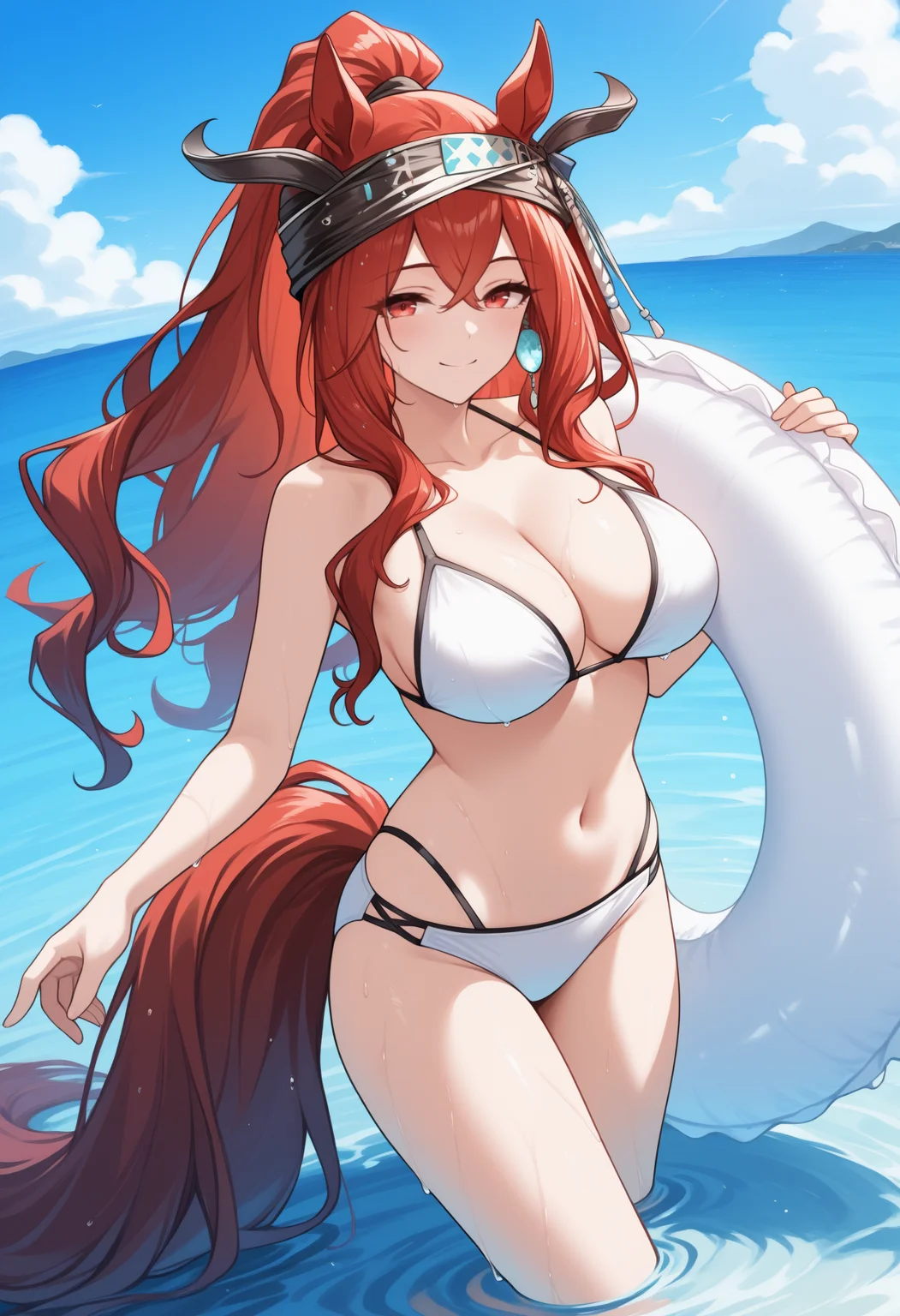 masterpiece, best quality, solo, 1girl, nrnty, horse girl, horse tail, wet, smile, looking at viewer, wading, holding swim ring, innertube, red hair, hair between eyes, ponytail, black headwear, horse ears, black horns, red eyes, white bikini, bare shoulders, collarbone, stomach, large breasts, outdoors, blue sky, cloud, ocean, water
<segment:yolo-Anzhc Face seg 640 v2 y8n.pt,0.4,0.5//cid=1>