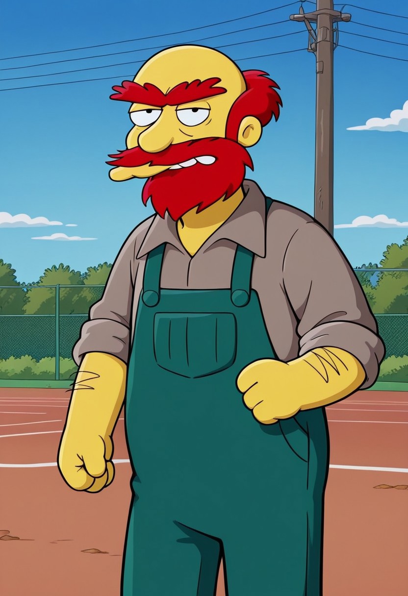 core_9, score_8_up, score_7_up, score_6_up, score_5_up, score_4_up, detailed background, detailed face, 1boy, solo, Groundskeeper Willie, green overalls, half-bald, blue overalls, blue pants, Simpsons style, red beard, middle age, male, red monobrow, red-haired