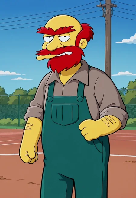 core_9, score_8_up, score_7_up, score_6_up, score_5_up, score_4_up, detailed background, detailed face, 1boy, solo, Groundskeeper Willie, green overalls, half-bald, blue overalls, blue pants, Simpsons style, red beard, middle age, male, red monobrow, red-haired