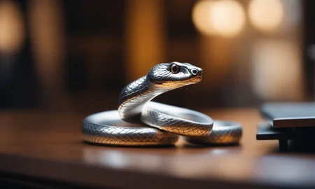 cinematic film still <lora:silvercarvingcd_xl-000005:0.3>,a handmade model toy of a snake made of (silvercarvingcd_xl,silver carving,shiny:1.3) in office,no humans,long-focus,tilt-shift,indoors,full body,chinese zodiac,wooden table,cutie,cute,still life,animal statue,front view,facing viewer,looking at viewer . shallow depth of field, vignette, highly detailed, high budget, bokeh, cinemascope, moody, epic, gorgeous, film grain, grainy, 8K, HDR, UHD, masterpiece, best quality, highly detailed, high resolution, finely detail, extremely detailed, ultra detailed, wallpaper