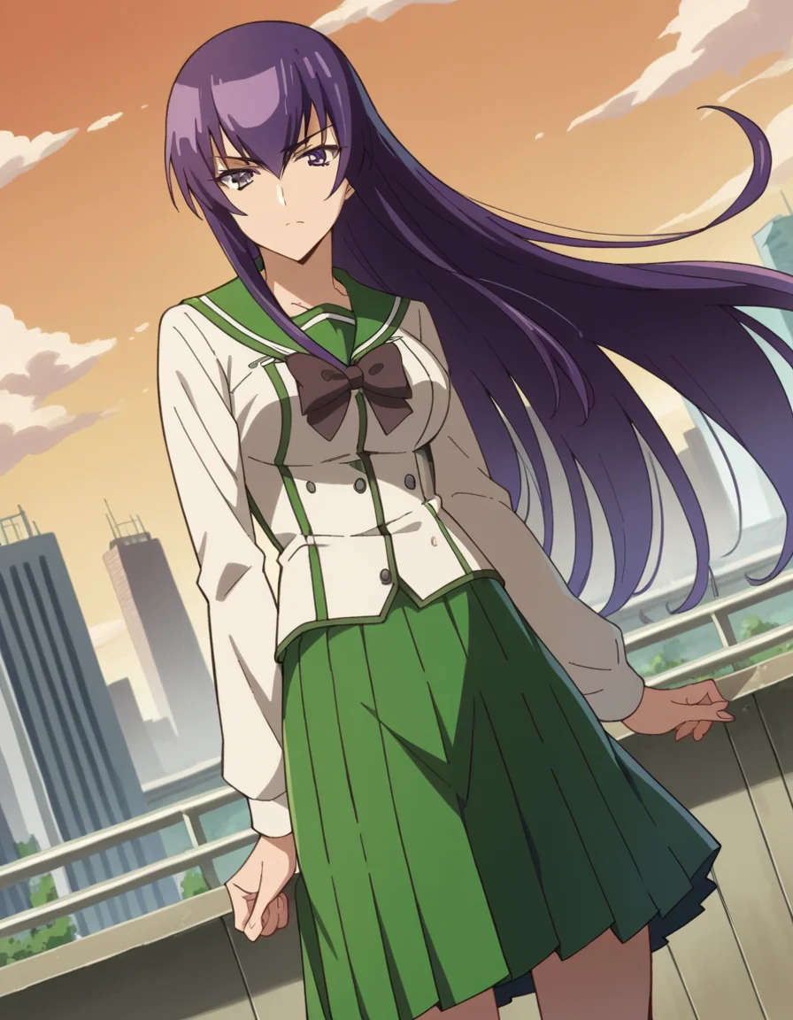 score_9, score_8_up, score_7_up, source_anime,
saekobusujima, <lora:saeko-busujima-ponyxl-lora-nochekaiser:1>,
saeko busujima, long hair, purple hair, purple eyes, hair between eyes,
skirt, long sleeves, bow, school uniform, serafuku, green skirt,
outdoors, cityscape, zombies, orange sky,
looking at viewer, dutch angle,