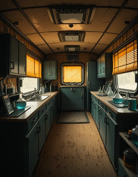 The interior of an old RV converted into a clandestine drug laboratory, inspired by the TV series Breaking Bad. The space is cramped and messy, filled with scientific equipment, glass beakers, flasks, burners, chemical containers, and lab tools scattered around. The walls are aged and stained, with peeling wallpaper and old metallic cabinets. A small sink area is cluttered with dirty lab glassware. The lighting is dim and tinted yellow, with sunlight barely filtering through dusty blinds. The floor is grimy, with a mix of rubber mats and worn carpet. The overall atmosphere is tense and gritty, capturing a sense of secrecy and danger. Hyper-realistic style, cinematic composition, rich in textures and shadows.
<lora:SDXLFaeTastic2400:0.4> <lora:extremely_detailed:0.4> extremely detailed,old RV drug l4b0r4t0ry, <lora:old_RV_drug_l4b0r4t0ry-i:1>, Masterpiece,best quality,hi res,8k,hi res,8k,award winning,(sharp focus, intricate, highly detailed),