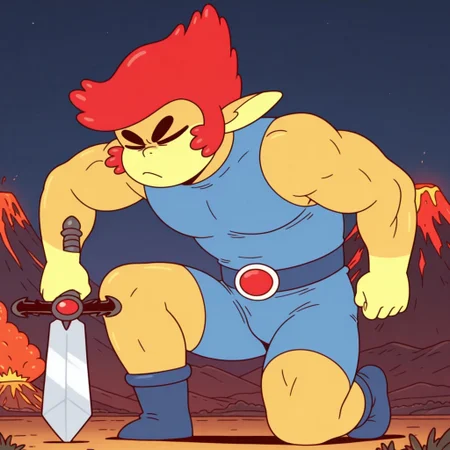 masterpiece, best quality, amazing quality, l1on0, male, furry male, humanoid, solo, yellow skin, two-tone skin, red hair, short hair, black eyes, pointed ears, sharp teeth, muscular, blue outfit, blue belt, red buckle, blue boots, serious, kneeling on one knee, holding sword, looking down, closed eyes, front view, outdoors, night, volcano,