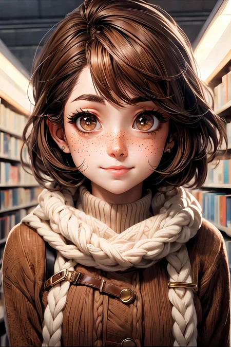 closeup, face, portrait, upper body,
freckles,
shy, blush,
(short brown hair:1.1),
(library:1.1),
(brown eyes:1.4),
cozy, detailed eyes, winter sweater,
<lora:more_details:0.35>
<lora:Cosmic anime-oil fusion v2:0.35>
<lora:AnimeVibesV3:0.5> animevibes,
<lora:3DMM_V11:0.6> 3DMM
<lora:midjourney_20230624181825:0.4> midjourney, shiny, shiny hair, shiny skin, shiny clothes