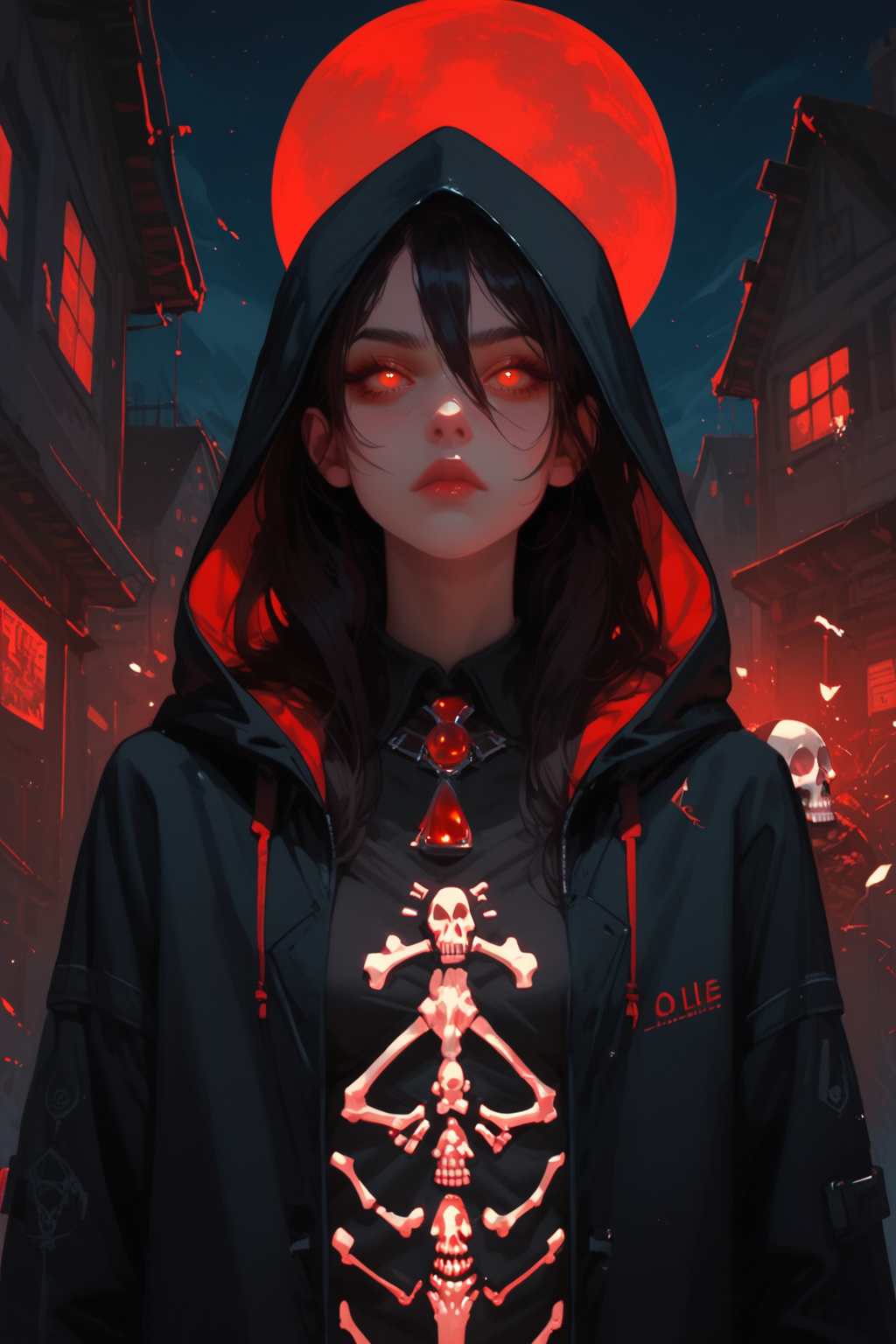 1girl, hood, red eyes, red moon, moon, solo, black hair, full moon, looking at viewer, hood up, night, upper body glowing, outdoors, skeleton, sky, long hair, closed mouth, jewelry, glowing eyes, jacket, open clothes, night sky, gem, building, hoodie, hooded cloak, cloak, black jacket, ribs, long sleeves, hooded jacket, skeleton print, spine, artist name, pale skin, black cloak, power lines, expressionless, hair between eyes, open jacket, breasts, red  eyelashes, parted  signature, skull, brooch, red gemstone, city, bone, makeup, hooded coat,, zPDXL3, detailxl,  Score_PnyReal, (lineless:1.5)