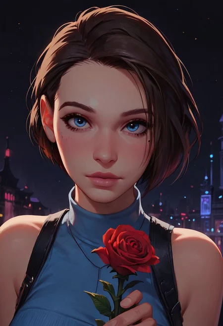 score_9,score_8_up,score_7_up,score_6_up,score_5_up, masterpiece, best_quality, ultra-detailed, masterpiece,  1girl, 21 years old, beautiful face, cute face, blue eyes,  (city park background, night) solo focus, looking at viewer, evening background, (Jill Valentine), (holding rose)