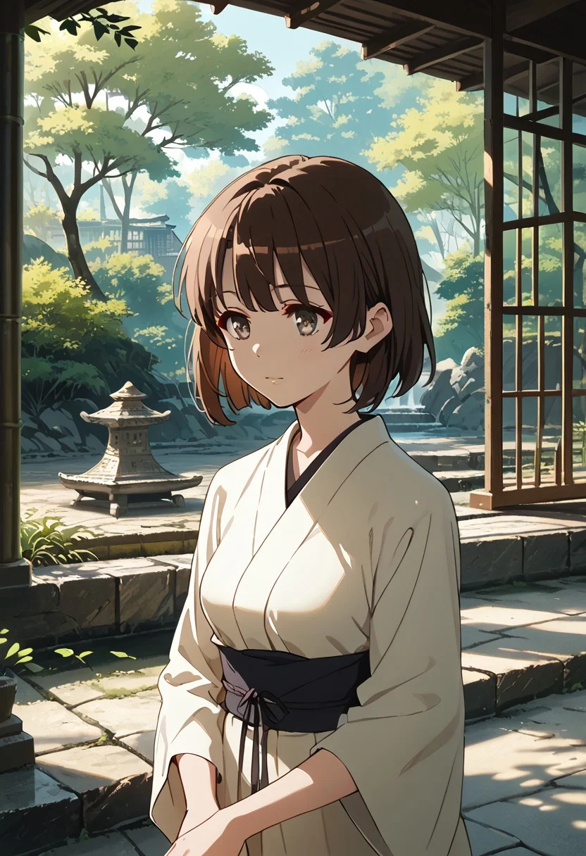 score_9, score_8_up, score_8, score_7_up, source_anime, 
1girl, katomegumi,brown hair,bangs,katou megumi,brown eyes, pupils, medium breasts , short hair, masterpiece, best quality, simple linen meditation robe, muted earth tones, zen garden background, raked sand patterns, moss-covered stones, ancient bonsai trees, bamboo fountain, stone lanterns, meditation pose, eyes closed peacefully, incense smoke trails, morning mist, stone pathway, peaceful atmosphere, minimalist composition, soft diffused lighting, wide establishing shot, tranquil mood