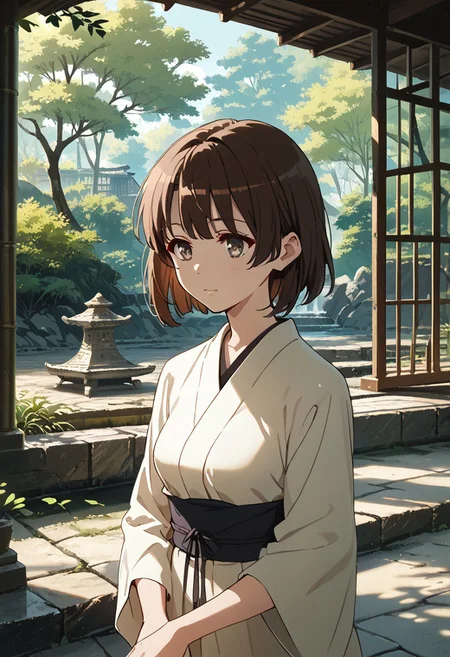 score_9, score_8_up, score_8, score_7_up, source_anime,
1girl, katomegumi,brown hair,bangs,katou megumi,brown eyes, pupils, medium breasts , short hair, masterpiece, best quality, simple linen meditation robe, muted earth tones, zen garden background, raked sand patterns, moss-covered stones, ancient bonsai trees, bamboo fountain, stone lanterns, meditation pose, eyes closed peacefully, incense smoke trails, morning mist, stone pathway, peaceful atmosphere, minimalist composition, soft diffused lighting, wide establishing shot, tranquil mood
