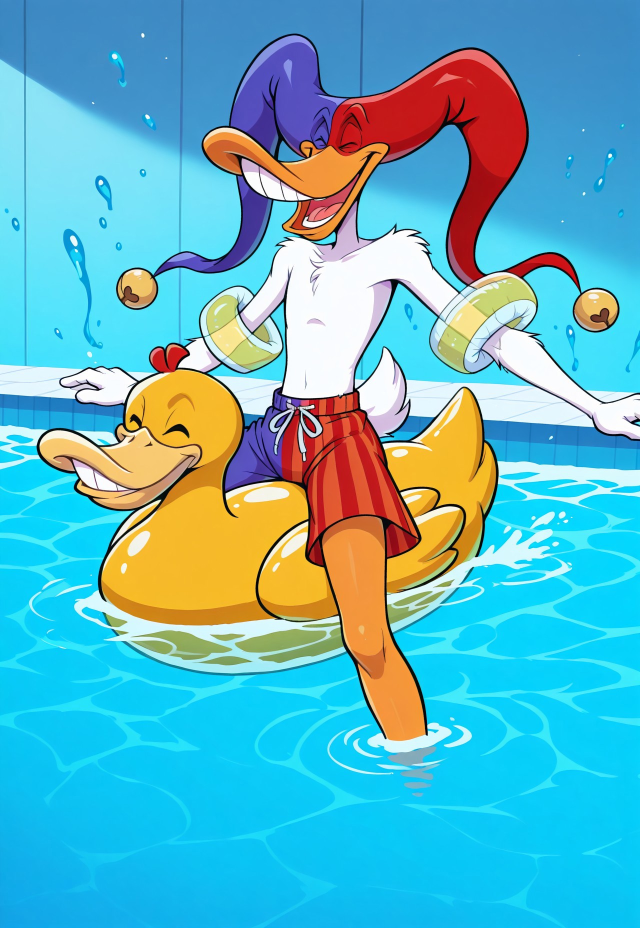 safe_pos, safe_pos, score_9, score_8_up, score_7_up, source_furry, happy, smile, 1boy, solo, no humans, furry male, furry, duck, quackerjack, jester cap, two-tone hat, laughing, hat bell, teeth, white feathers, white body, orange legs, naked, skinny, scut tail, ((swimming trunks, swim trunks, colorful trunks,)) inflatable armbands, no nipples, featureless crotch, featureless chest, no navel, water background, on water, inside pool, riding inflatable (yellow duck:1.2), fflix_rinfla