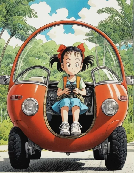 <lora:Akira_Toriyama_vehicle:1> walking macha, 1girl inside the cockpit, cute, manga, hand drawing, full colour, outdoor background, <lora:add-detail-xl:1.2>, super detailed, complex, akira toriyama style, vehicle design, AT-ST style