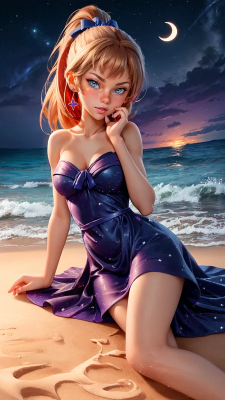 (pixar:1.2), (AnjelikaV2:1.2)
A 3D rendered scene of a woman with vibrant red hair in a ponytail, wearing a red polka dot dress with heart-shaped earrings, lying on the beach at night with the starry purple sky and sparkling ocean in the background. She has one hand gently touching the sand, displaying perfect and natural fingers. The dress flows around her, creating a sense of peace and relaxation. The background includes detailed stars, a crescent moon, and waves shimmering in the moonlight. The composition emphasizes detailed textures, soft lighting, and a serene, enchanting atmosphere.
<lora:baclight_slider_v10:-1> <lora:add_sharpness:2>, <lora:breastsizeslideroffset:0.8>