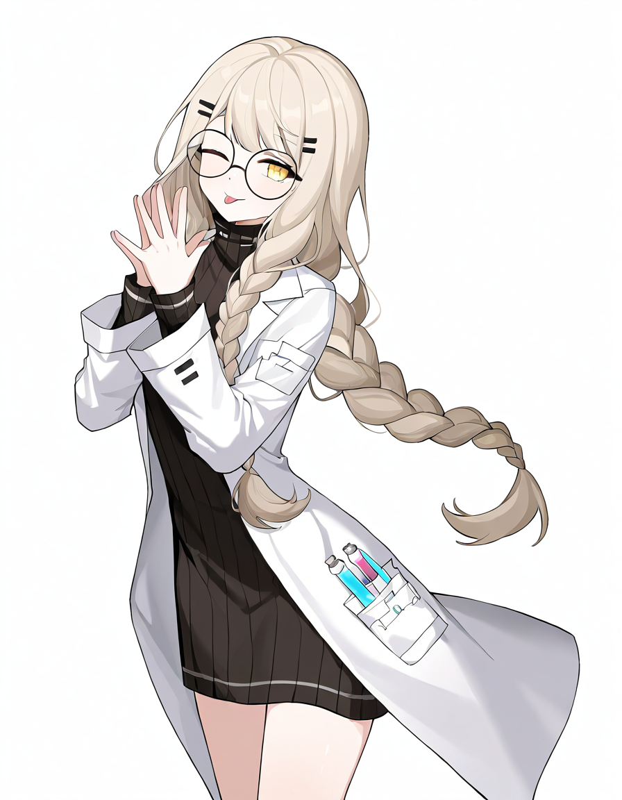1girl,solo,lijianxi,glasses,lab coat,simple background,looking at viewer,white background,cowboy shot,<lora:lijianxi-000010:1>,one eye closed,tongue out,smile,own hands together,, masterpiece, best quality, very aesthetic, absurdres,newest, incredibly absurdres,