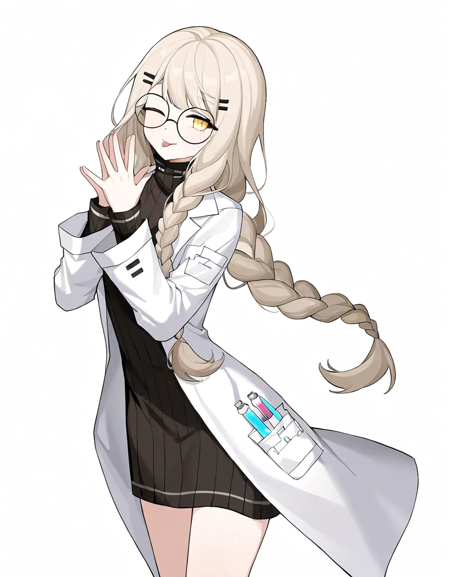 1girl,solo,lijianxi,glasses,lab coat,simple background,looking at viewer,white background,cowboy shot,<lora:lijianxi-000010:1>,one eye closed,tongue out,smile,own hands together,, masterpiece, best quality, very aesthetic, absurdres,newest, incredibly absurdres,